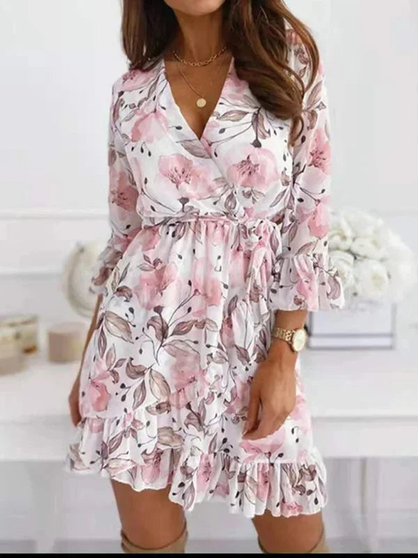 Vestito corto da donna a motivi floreali con Maniche a volant