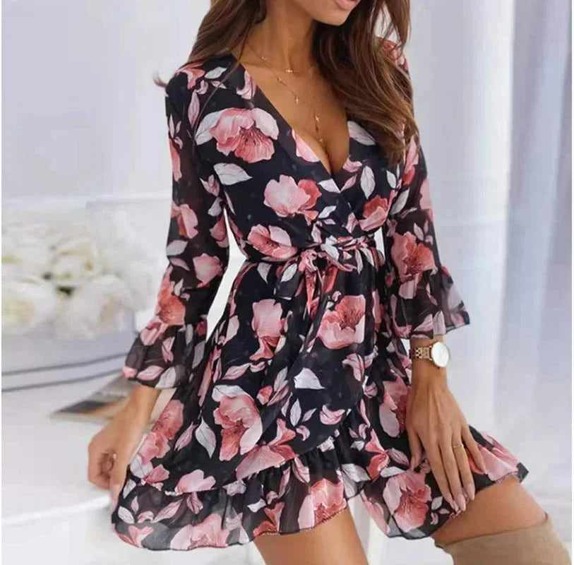 Vestito corto da donna a motivi floreali con Maniche a volant