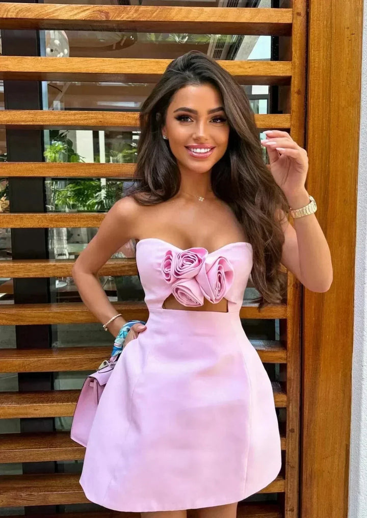 Vestito corto donna bustier con intagli floreali da sera