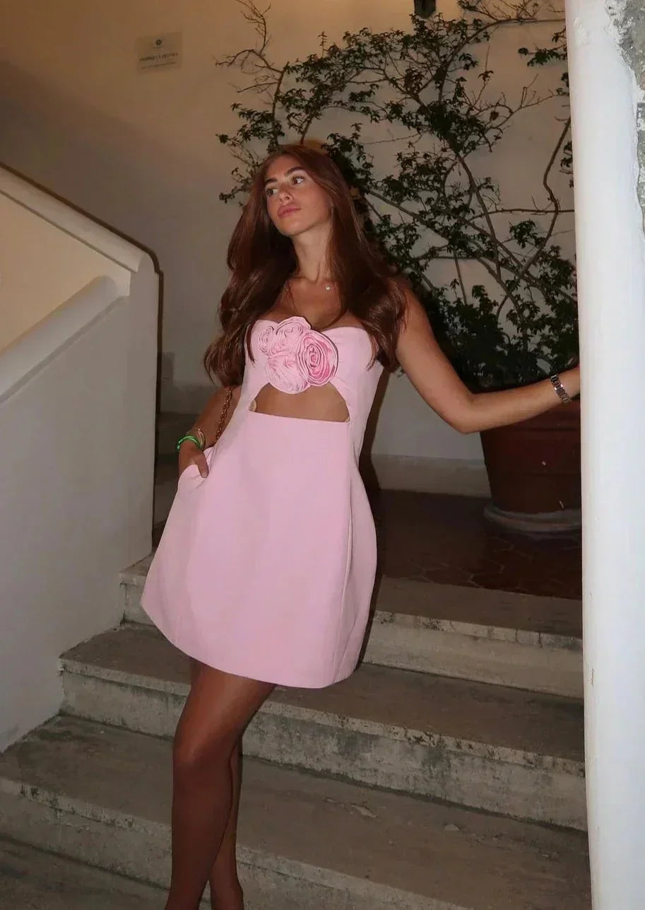 Vestito corto donna bustier con intagli floreali da sera