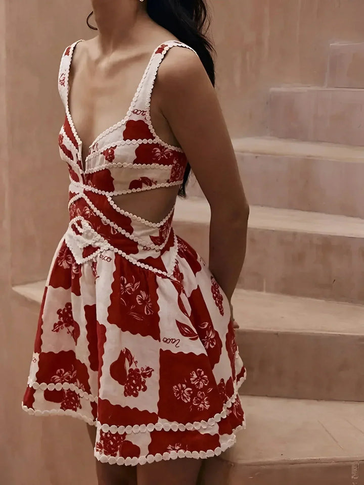 Vestito corto donna floreale rosso con dettagli bianchi estivo