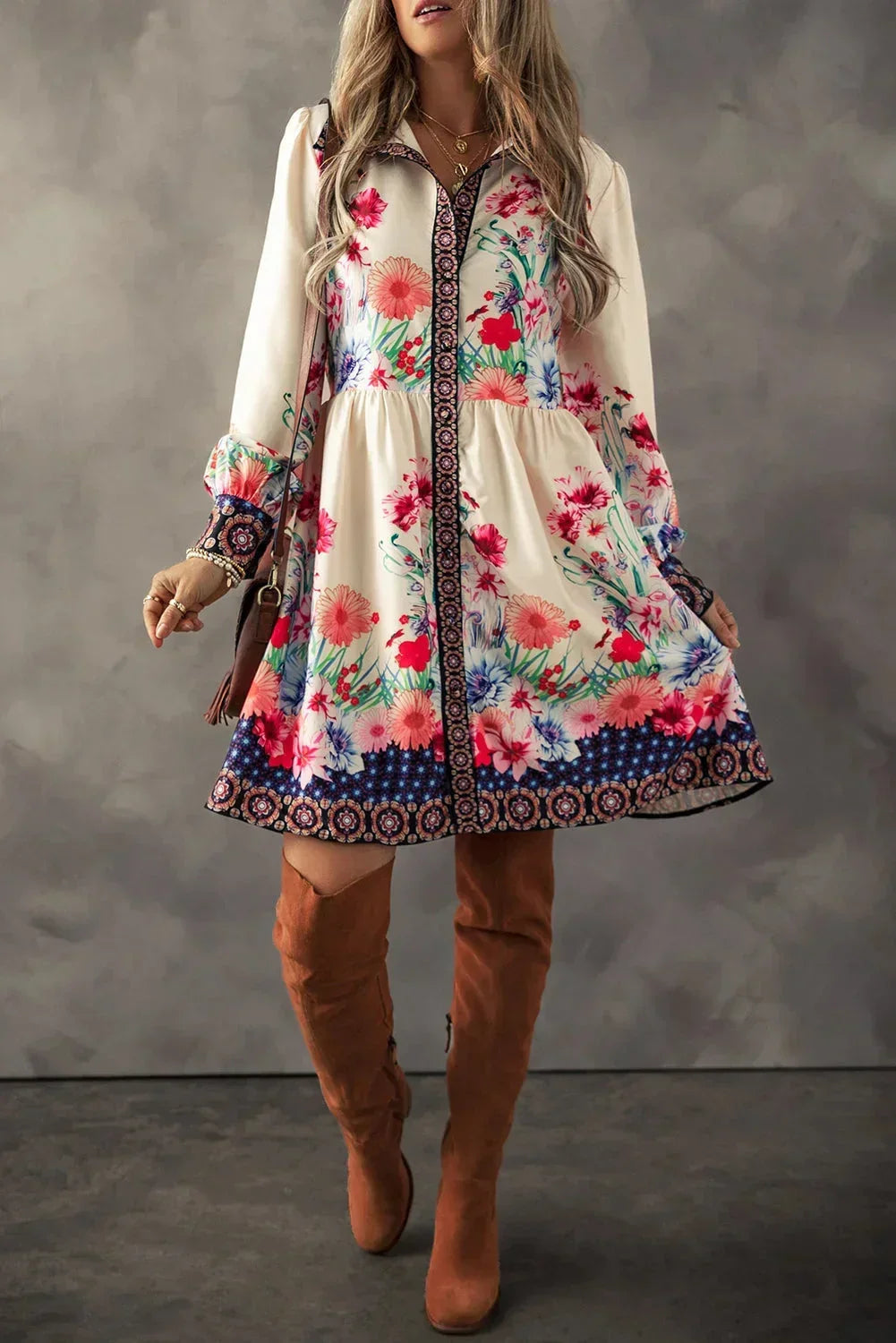 Vestito corto da donna multicolore a stampa floreale a Maniche lunghe