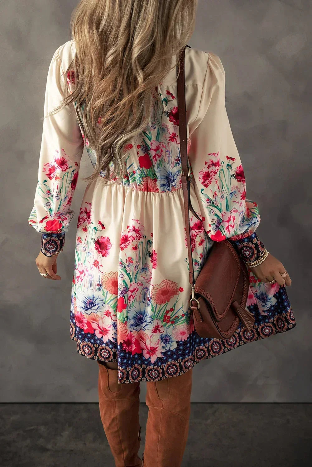 Vestito corto da donna multicolore a stampa floreale a Maniche lunghe