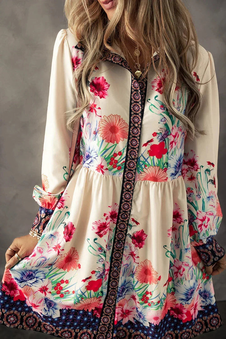 Vestito corto da donna multicolore a stampa floreale a Maniche lunghe