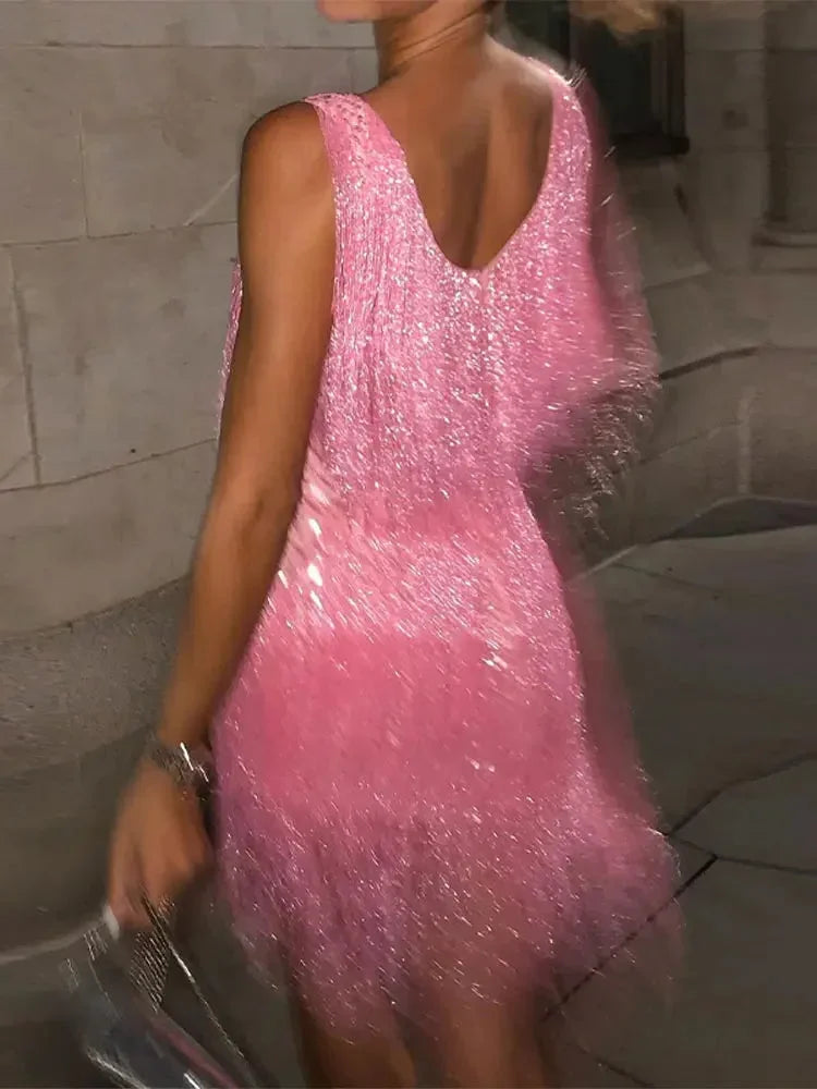 Vestito da sera corto da donna con frange brillanti senza maniche