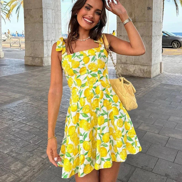 Vestito corto donna stampa limone giallo estivo da spiaggia