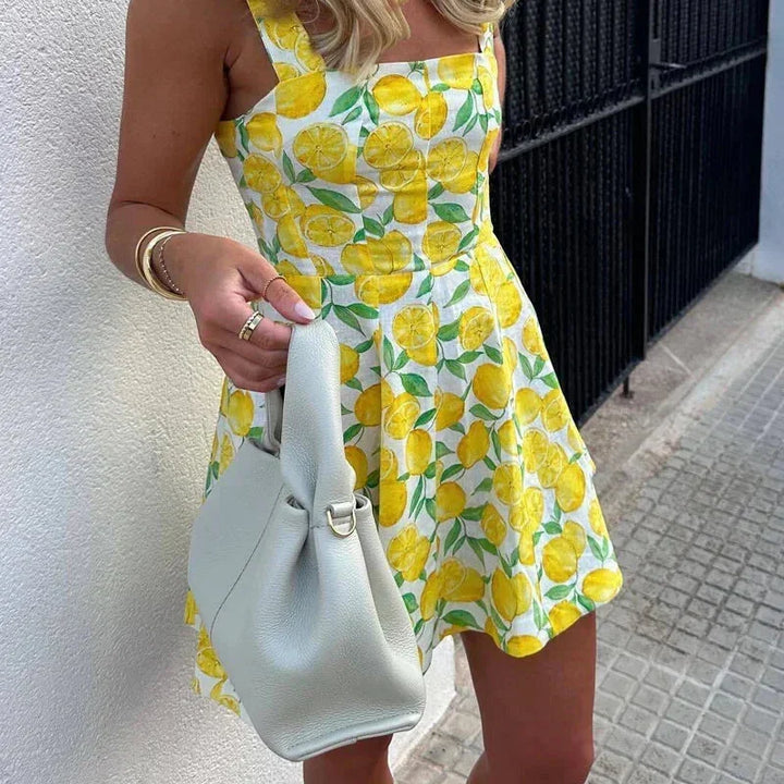 Vestito corto donna stampa limone giallo estivo da spiaggia
