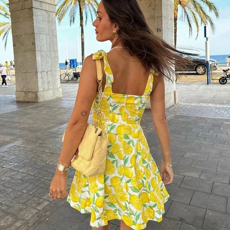 Vestito corto donna stampa limone giallo estivo da spiaggia