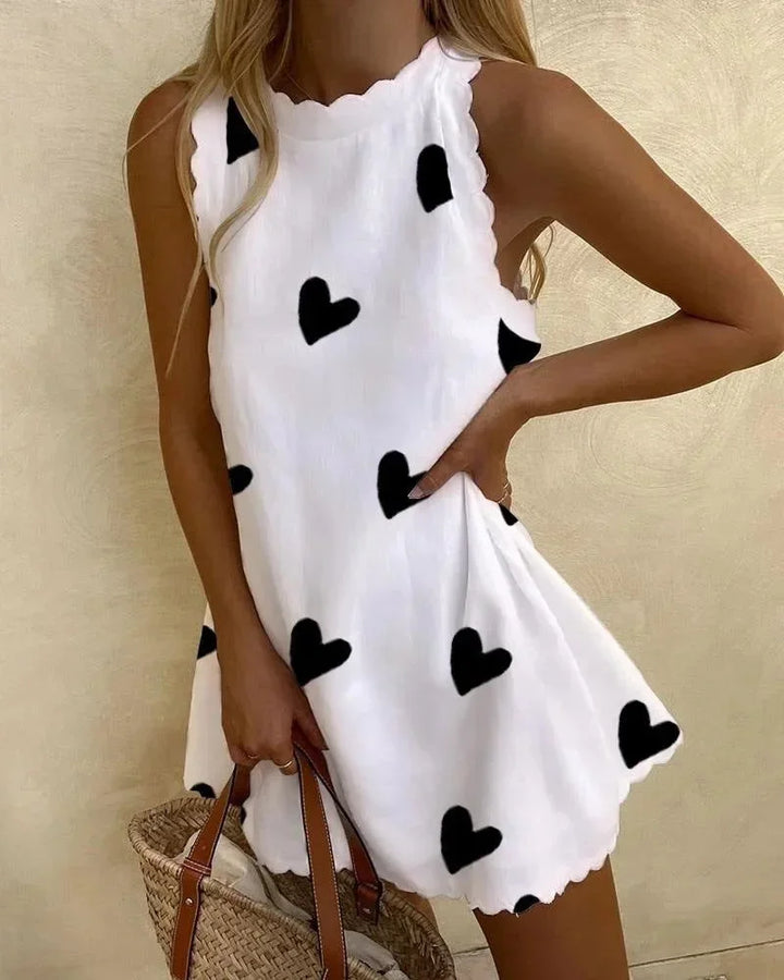 Vestito corto donna stampato cuore e fiore senza maniche