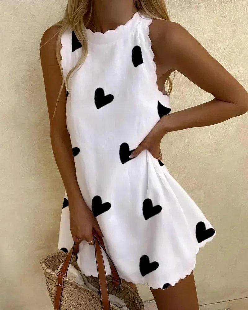 Vestito corto donna stampato cuore e fiore senza maniche