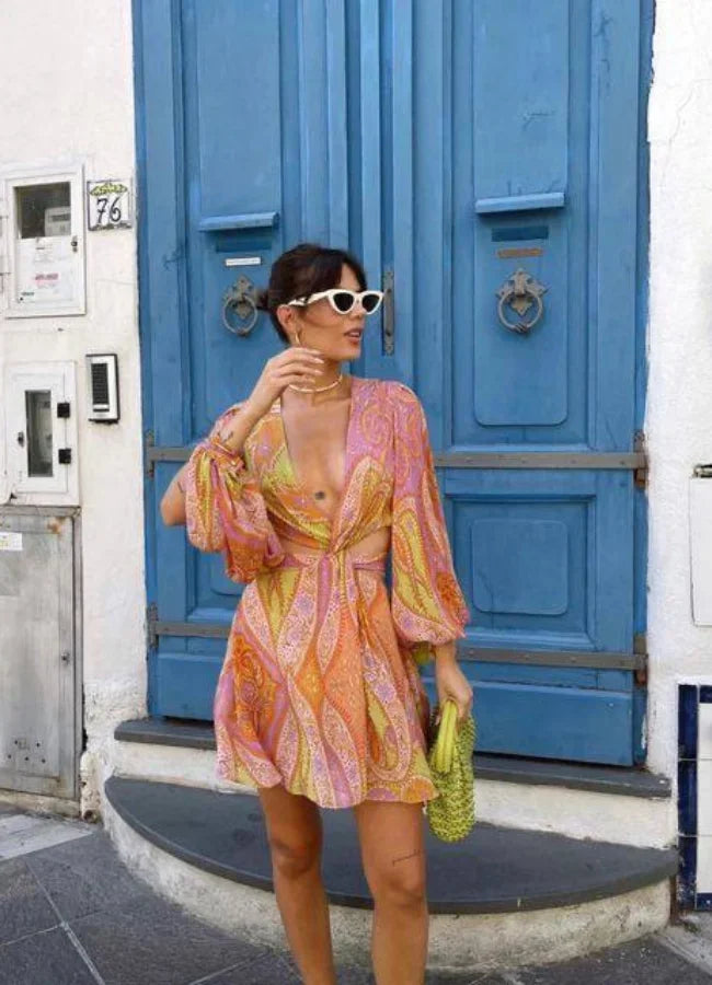 Vestito corto estivo stampato rosa e giallo con maniche lunghe