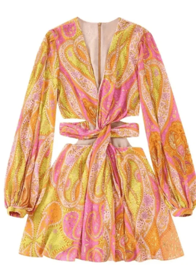 Vestito corto estivo stampato rosa e giallo con maniche lunghe