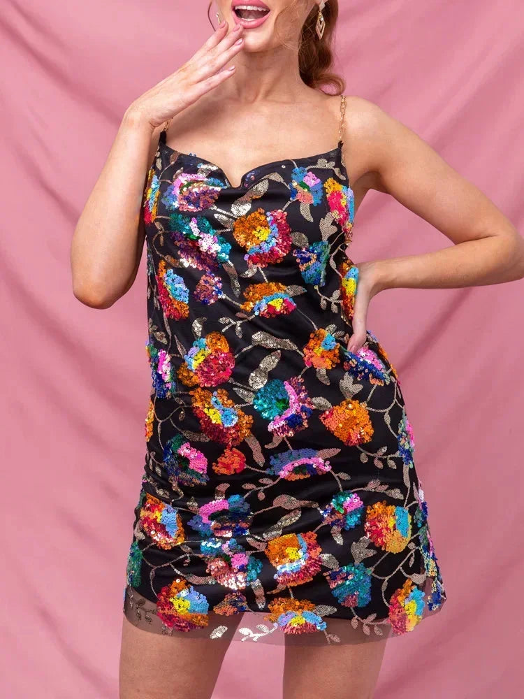 Vestito corto donna da sera con motivi brillanti e spalline