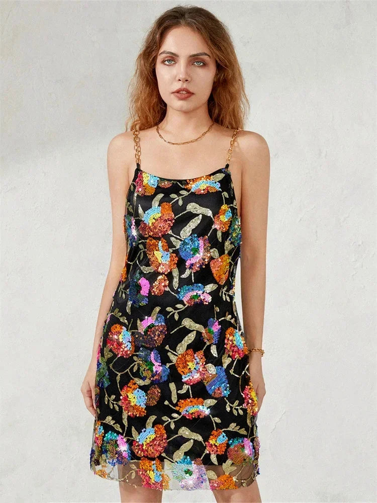Vestito corto donna da sera con motivi brillanti e spalline
