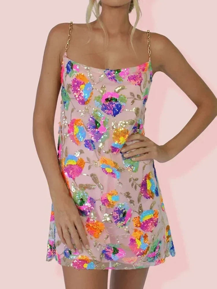 Vestito corto donna da sera con motivi brillanti e spalline