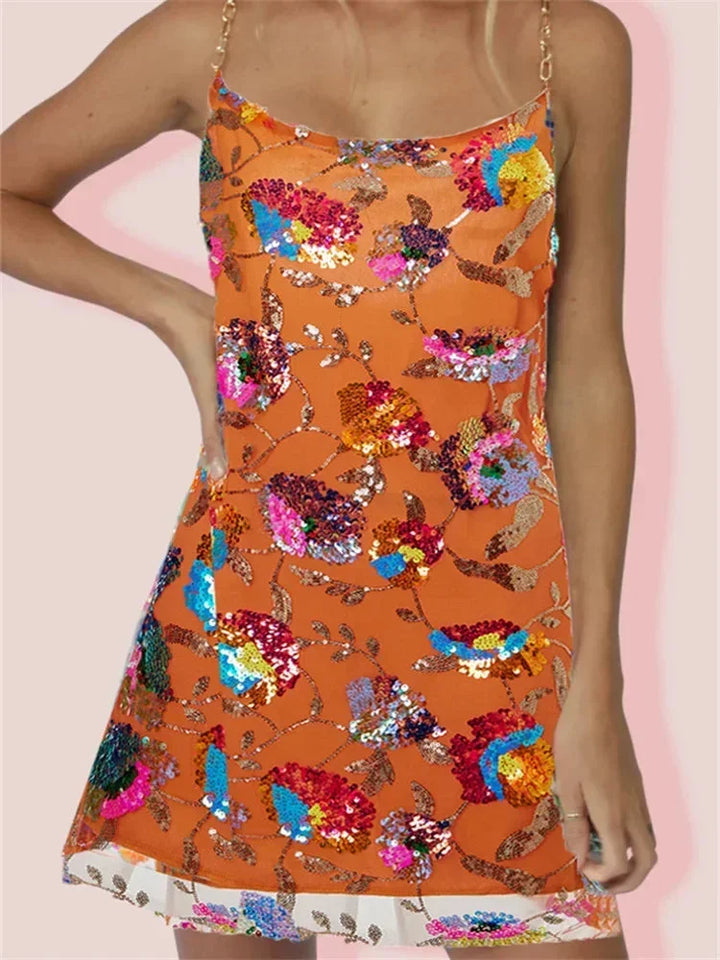 Vestito corto donna da sera con motivi brillanti e spalline