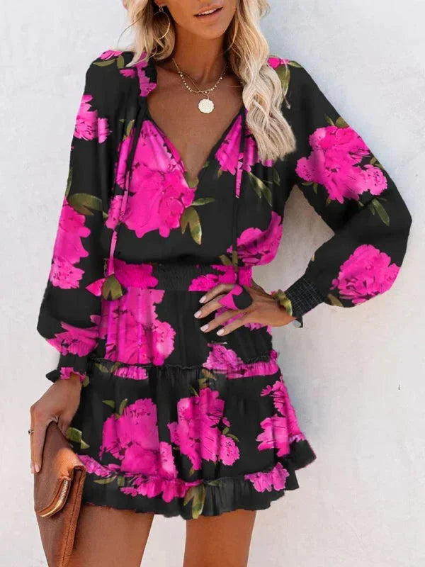 Vestito corto da donna con volant e stampe varie