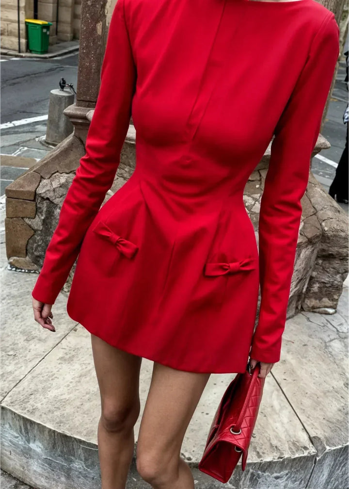 Vestito corto donna maniche lunghe con fiocco sulla schiena da sera