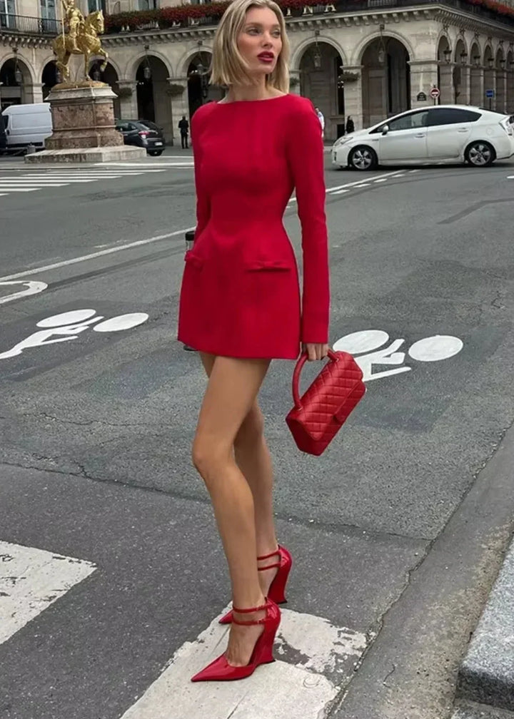 Vestito corto donna maniche lunghe con fiocco sulla schiena da sera