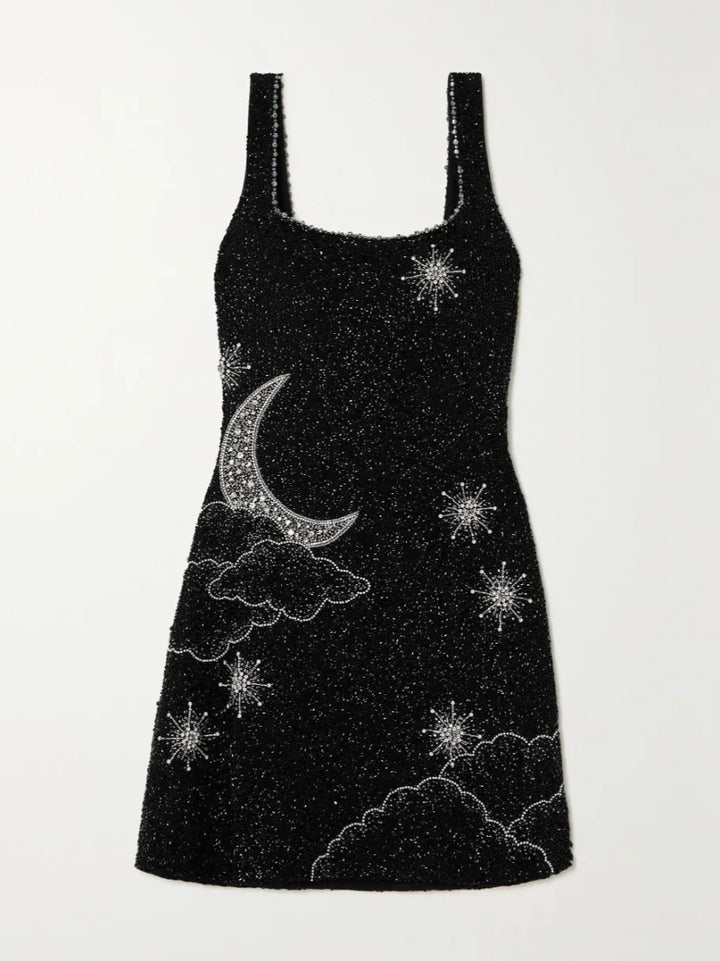Vestito corto nero con paillettes e spalline larghe da sera