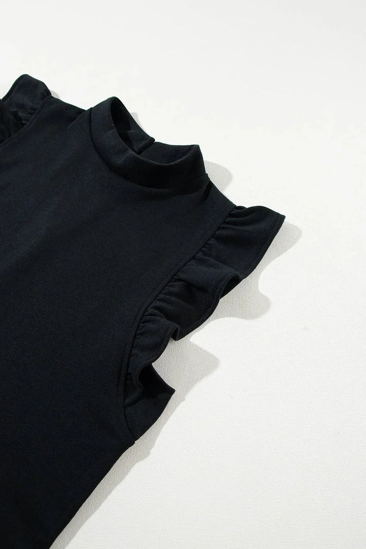 Vestito corto nero da donna con volant e Maniche corte