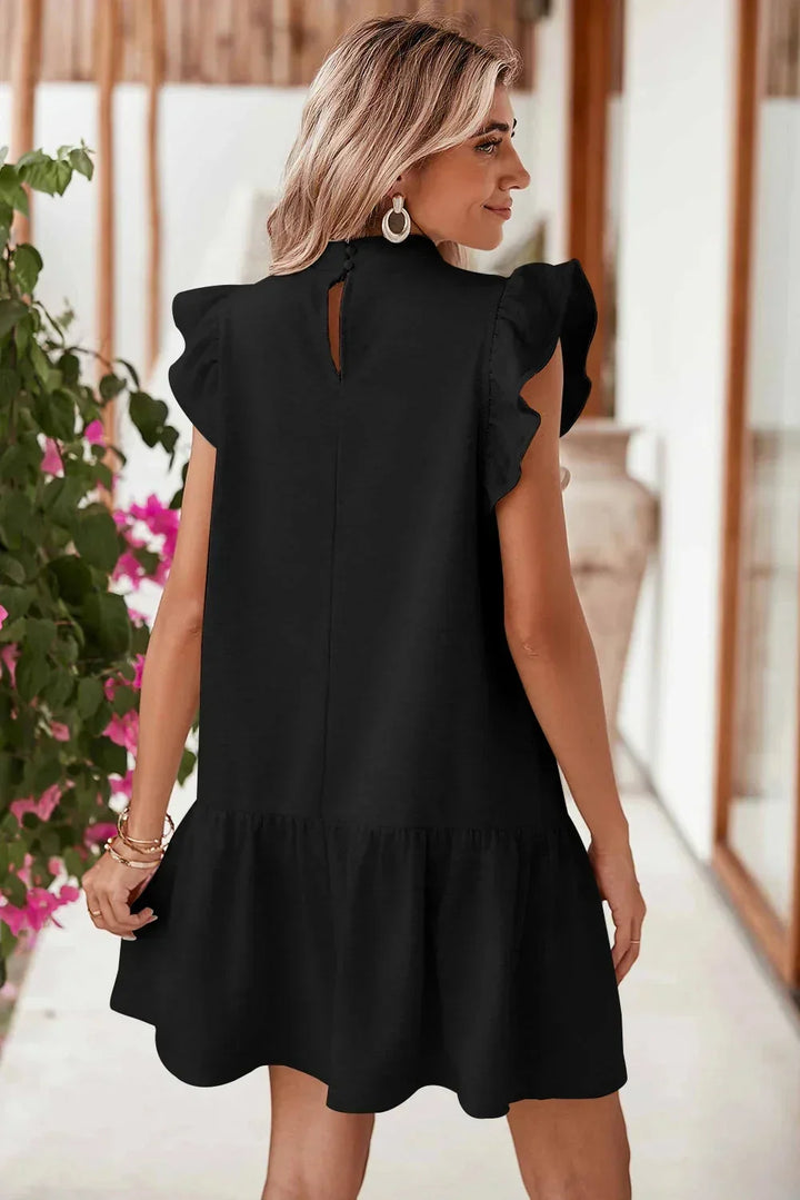 Vestito corto nero da donna con volant e Maniche corte
