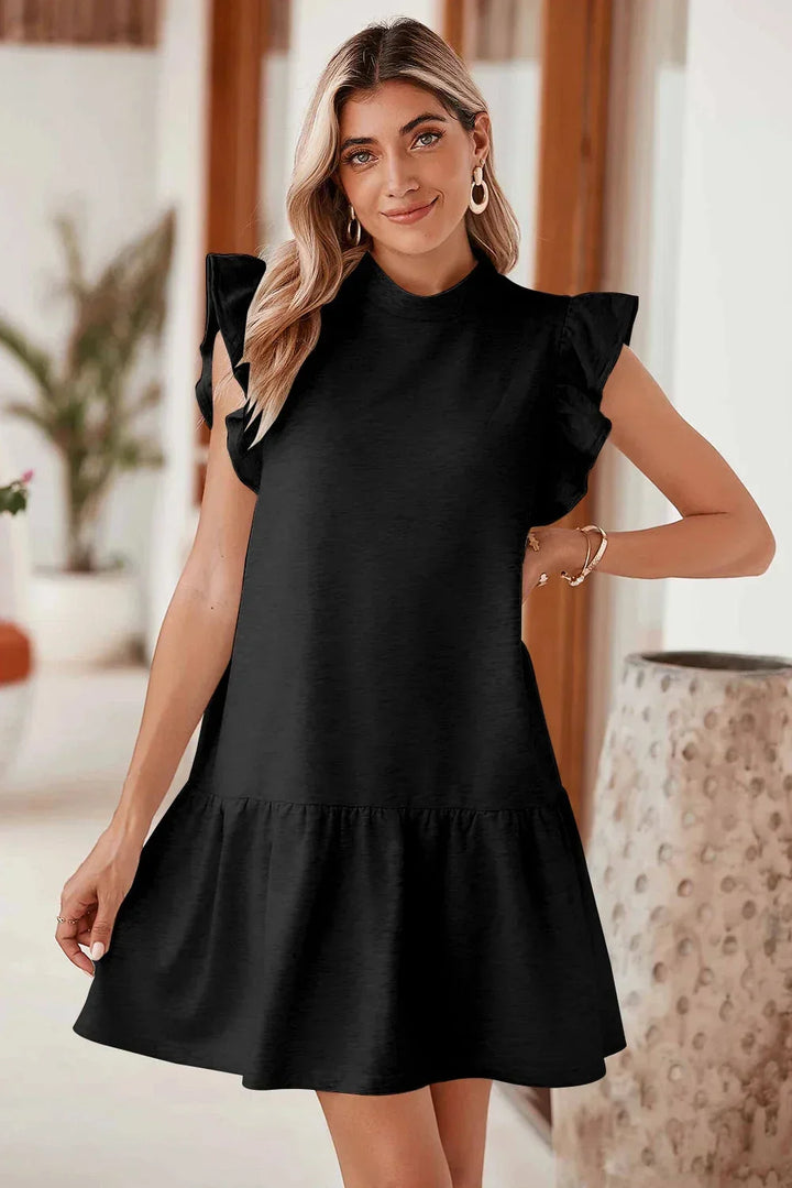Vestito corto nero da donna con volant e Maniche corte