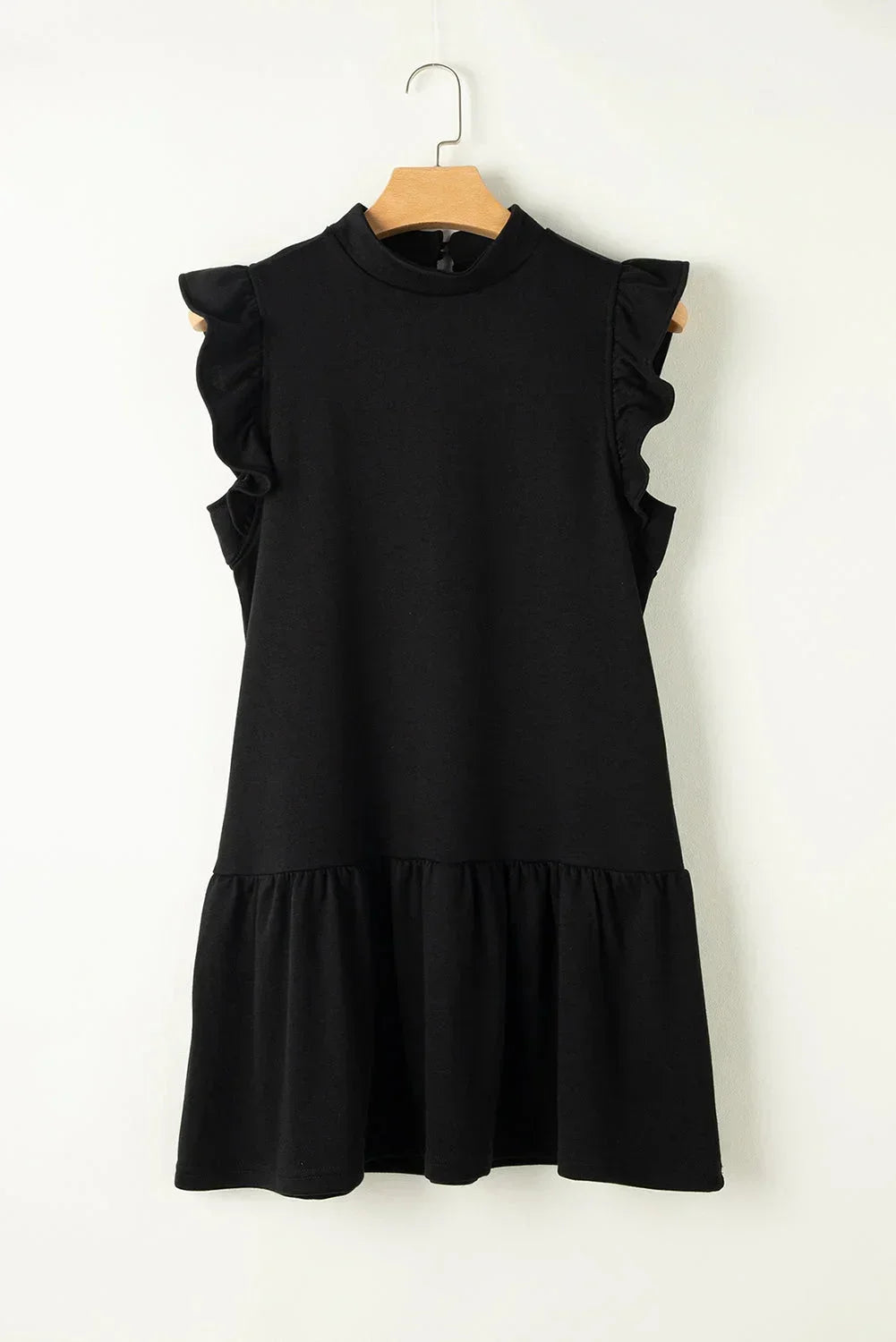 Vestito corto nero da donna con volant e Maniche corte