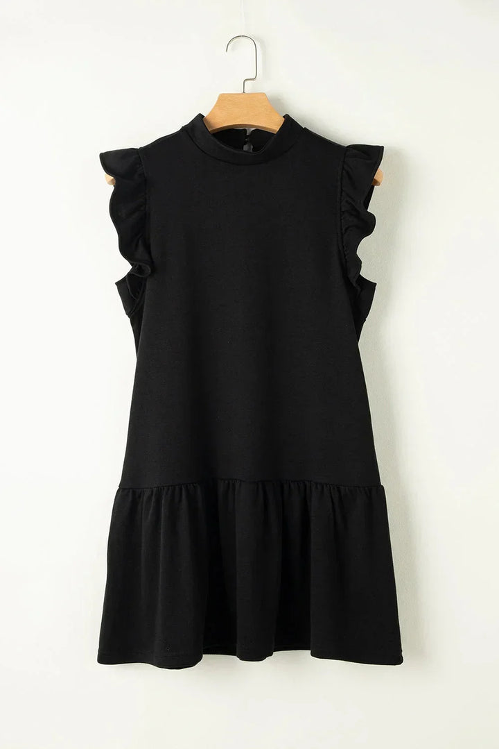 Vestito corto nero da donna con volant e Maniche corte