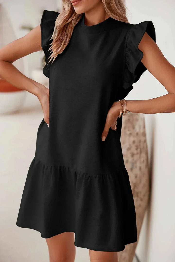 Vestito corto nero da donna con volant e Maniche corte