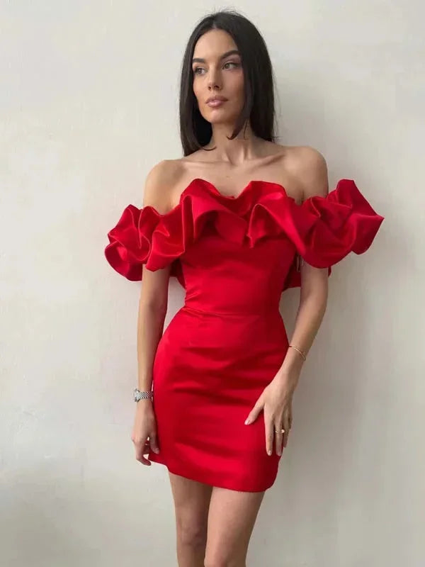 Vestito corto donna Spalle scoperte con volant da sera
