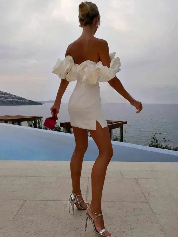 Vestito corto donna Spalle scoperte con volant da sera