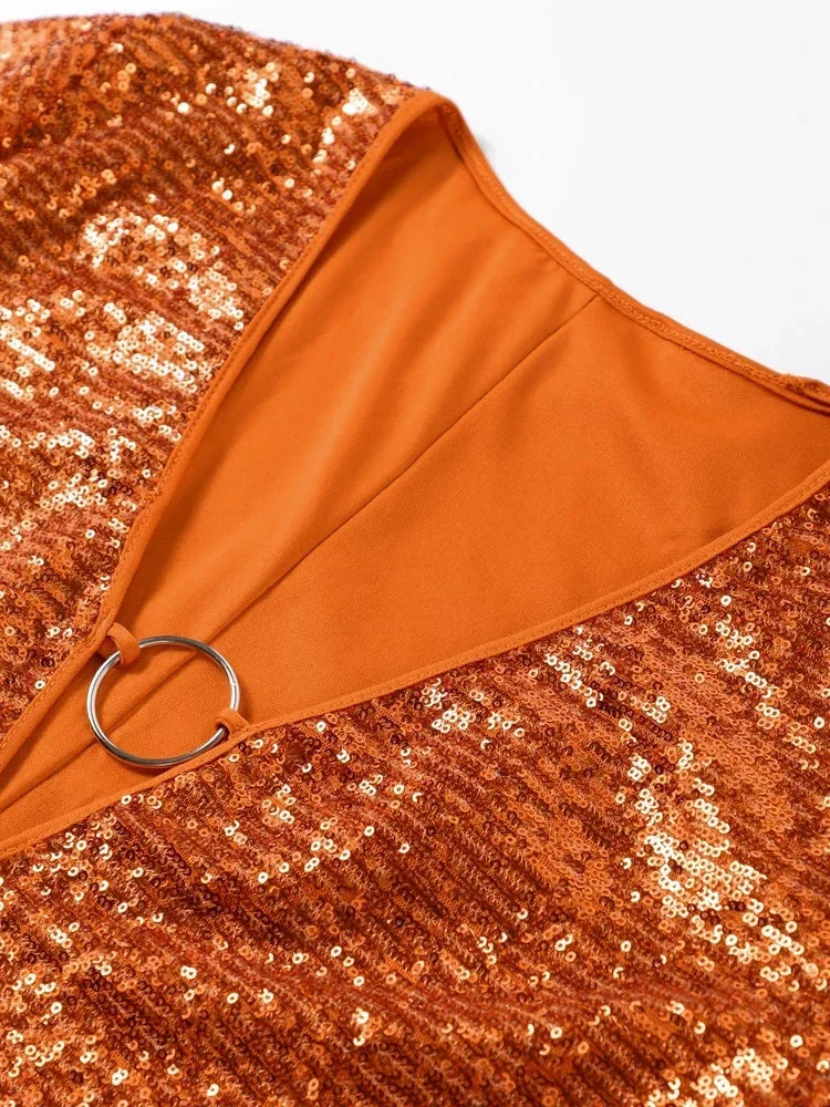 Vestito corto donna scintillante scollo profondo maniche svasate