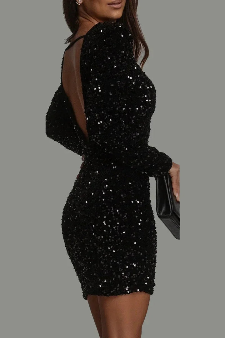 Vestito corto donna con paillettes con schiena scoperta e maniche lunghe
