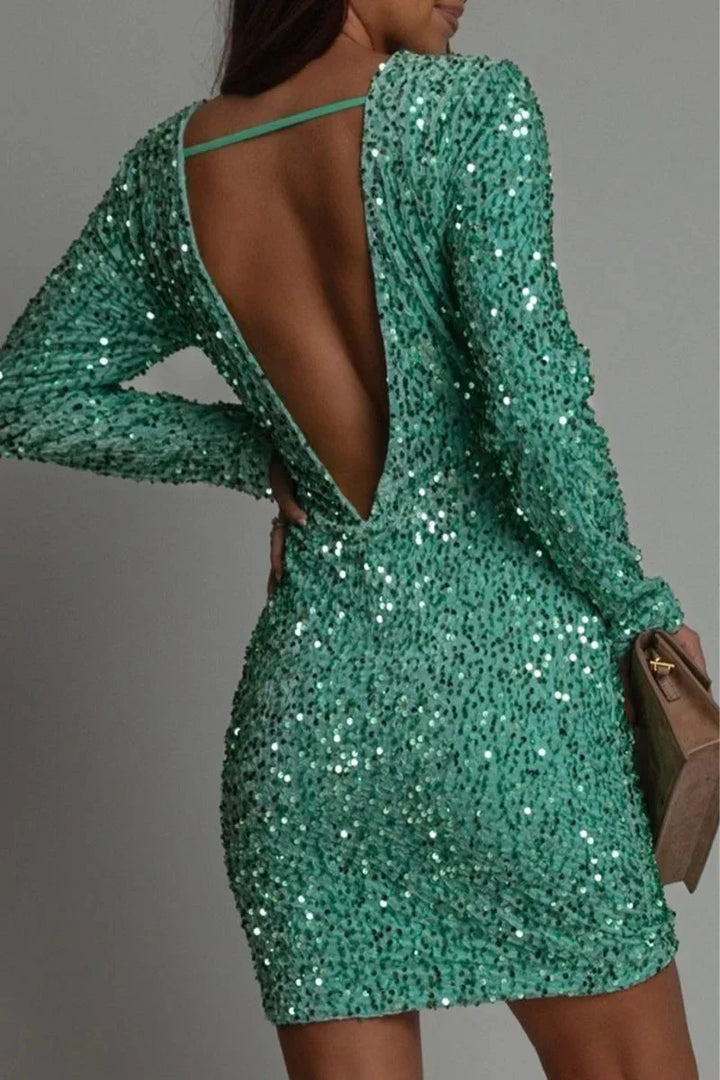 Vestito corto donna con paillettes con schiena scoperta e maniche lunghe