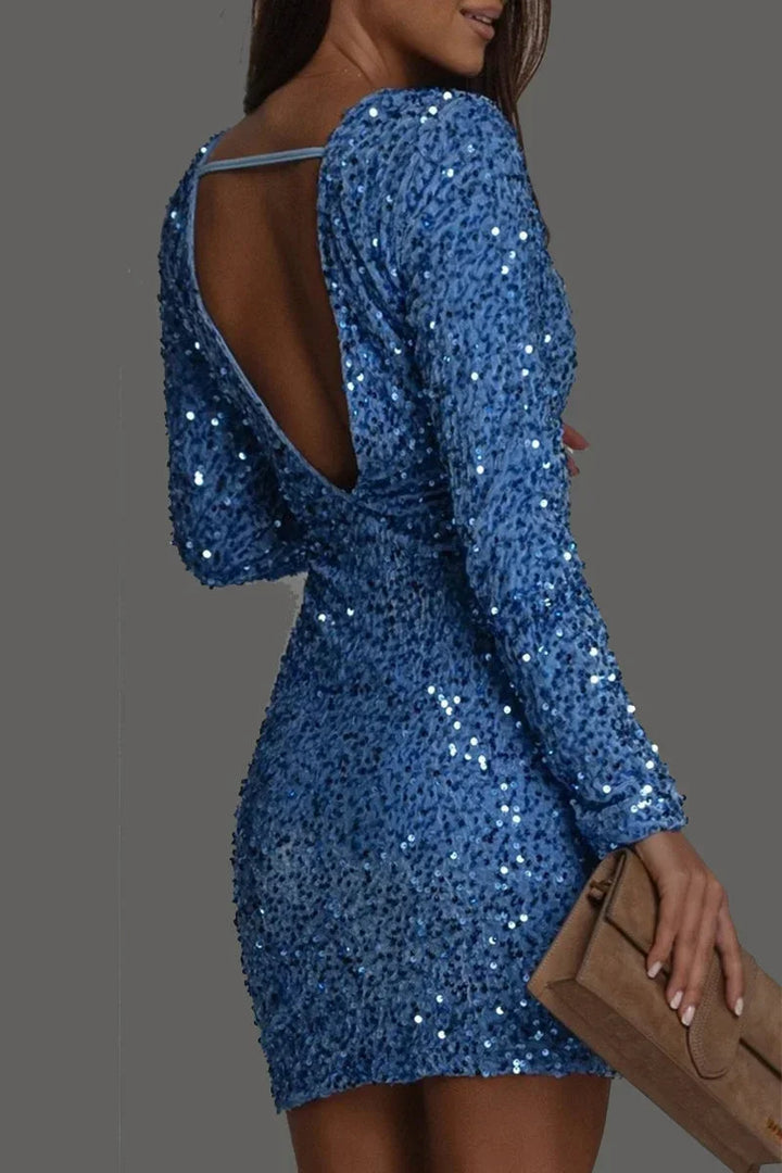 Vestito corto donna con paillettes con schiena scoperta e maniche lunghe