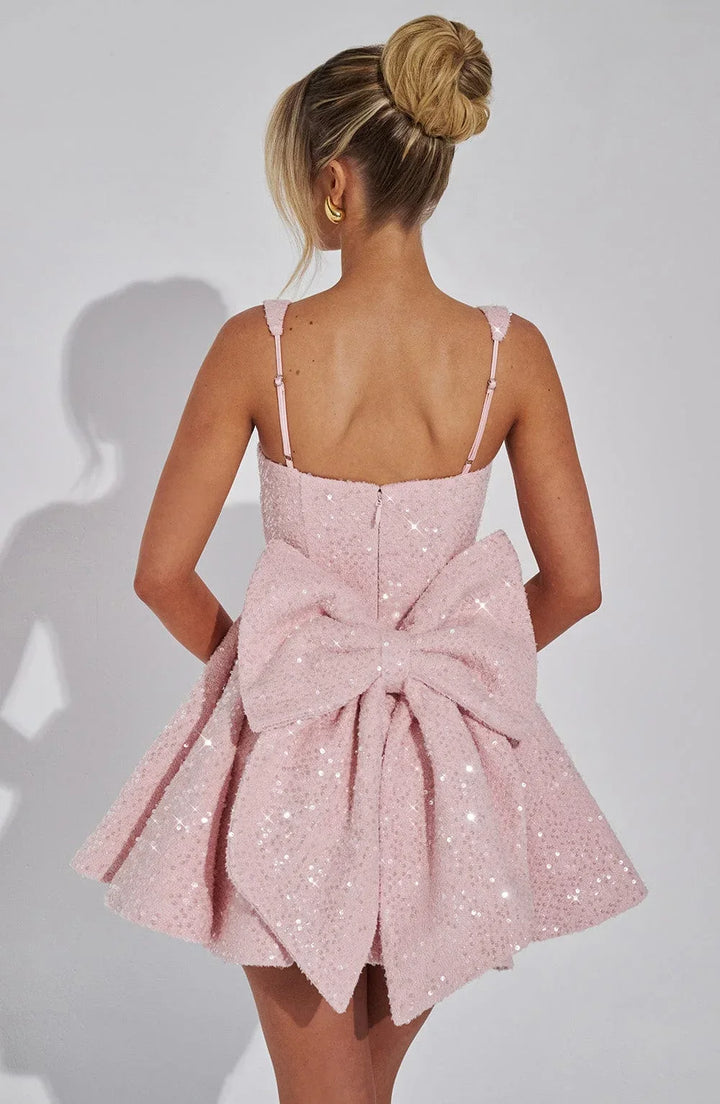 Vestito corto da donna con paillettes, bretelle e fiocco