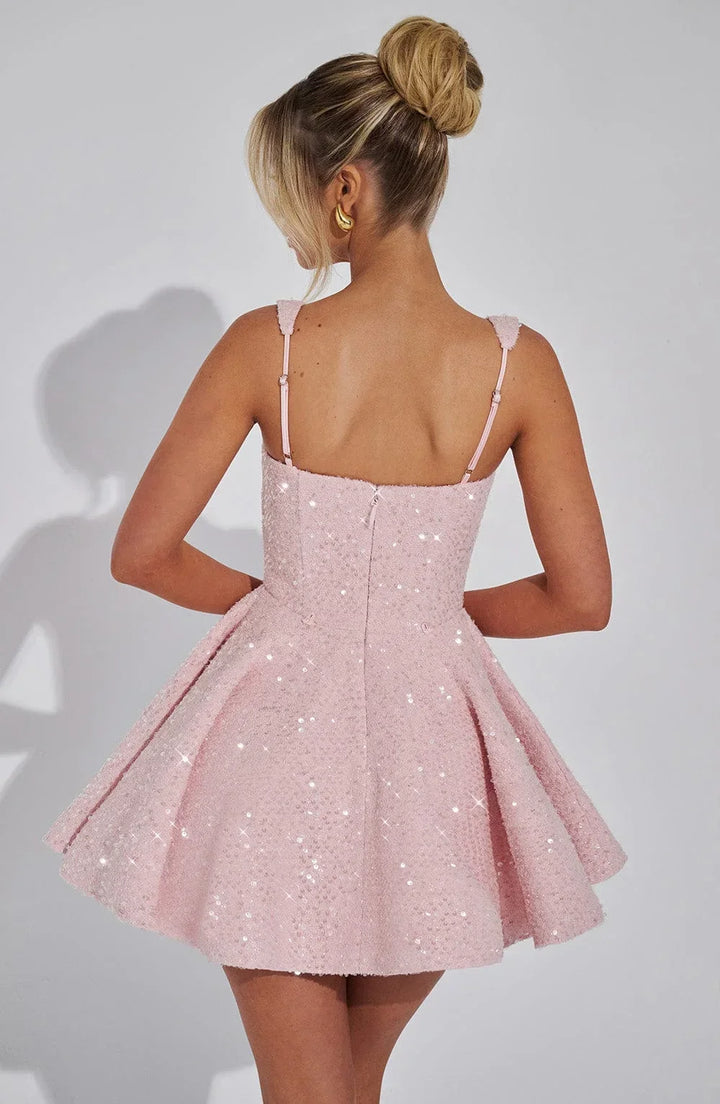 Vestito corto da donna con paillettes, bretelle e fiocco
