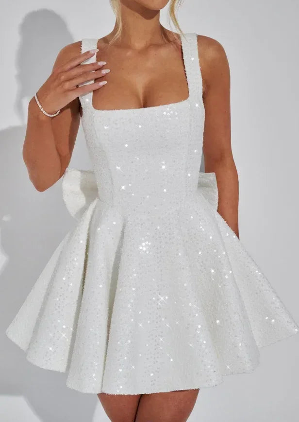 Vestito corto da donna con paillettes, bretelle e fiocco