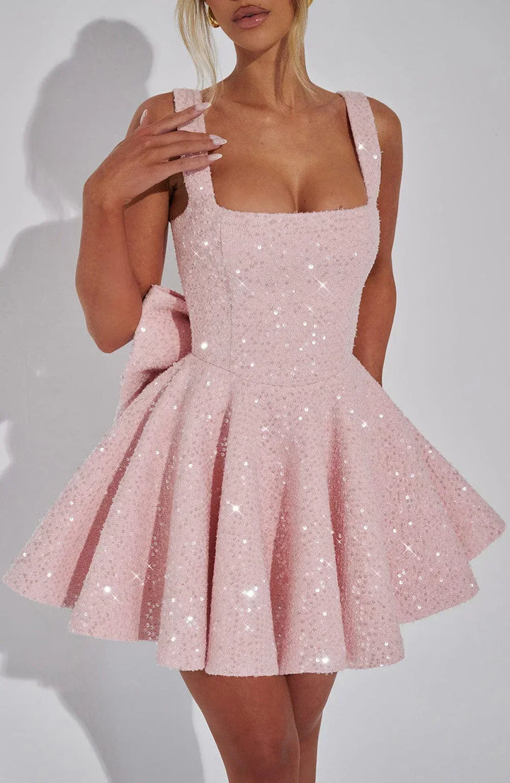 Vestito corto da donna con paillettes, bretelle e fiocco
