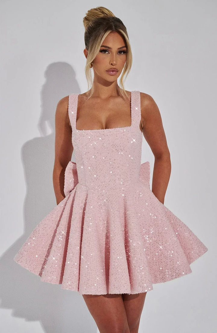 Vestito corto da donna con paillettes, bretelle e fiocco