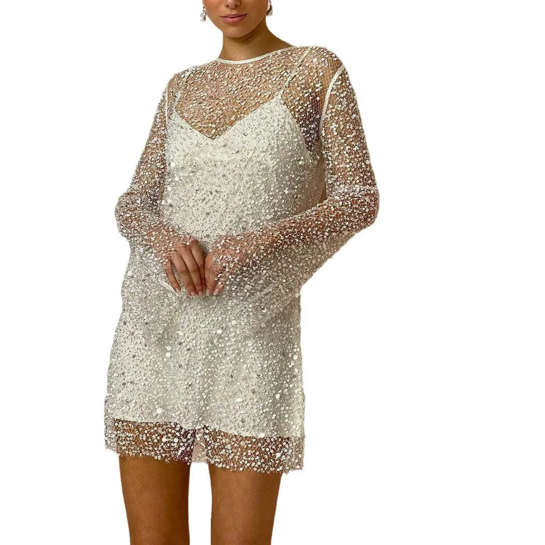 Vestito corto donna con paillettes maniche lunghe da sera
