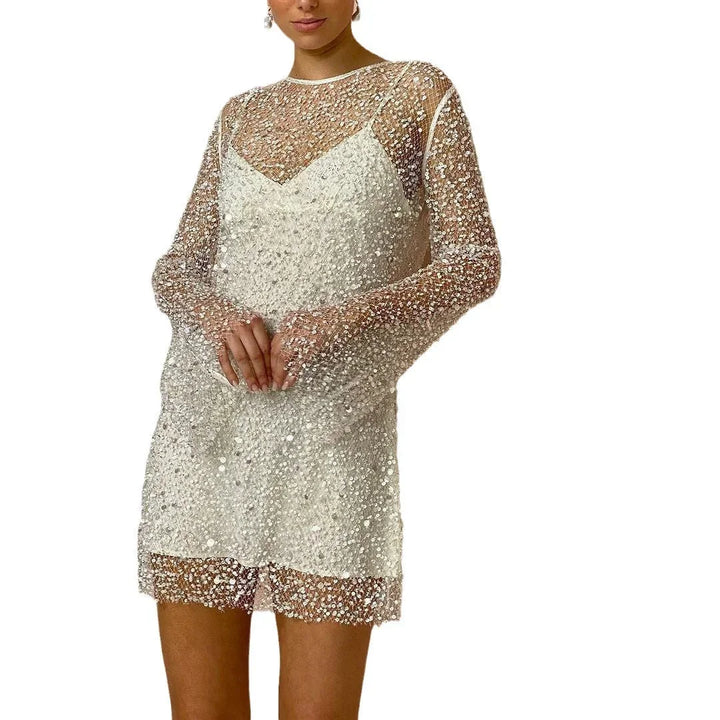 Vestito corto donna con paillettes maniche lunghe da sera