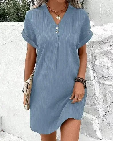 Vestito corto donna scollo a V plissettato estivo con bottoni