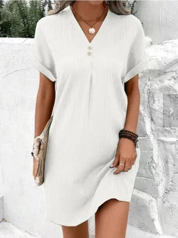 Vestito corto donna scollo a V plissettato estivo con bottoni