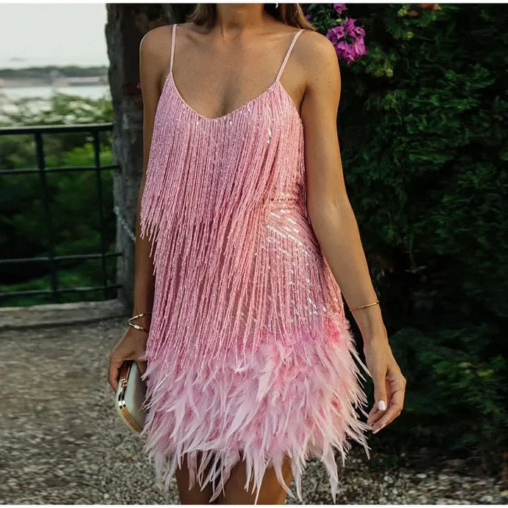 Vestito corto da sera da donna con frange e bretelle regolabili