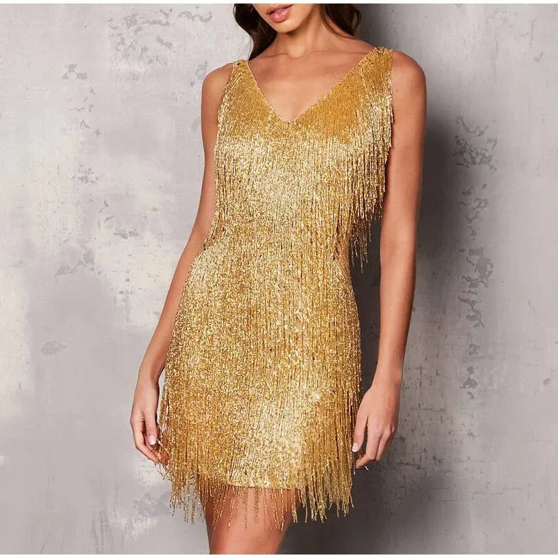 Vestito corto da sera da donna con frange e bretelle regolabili