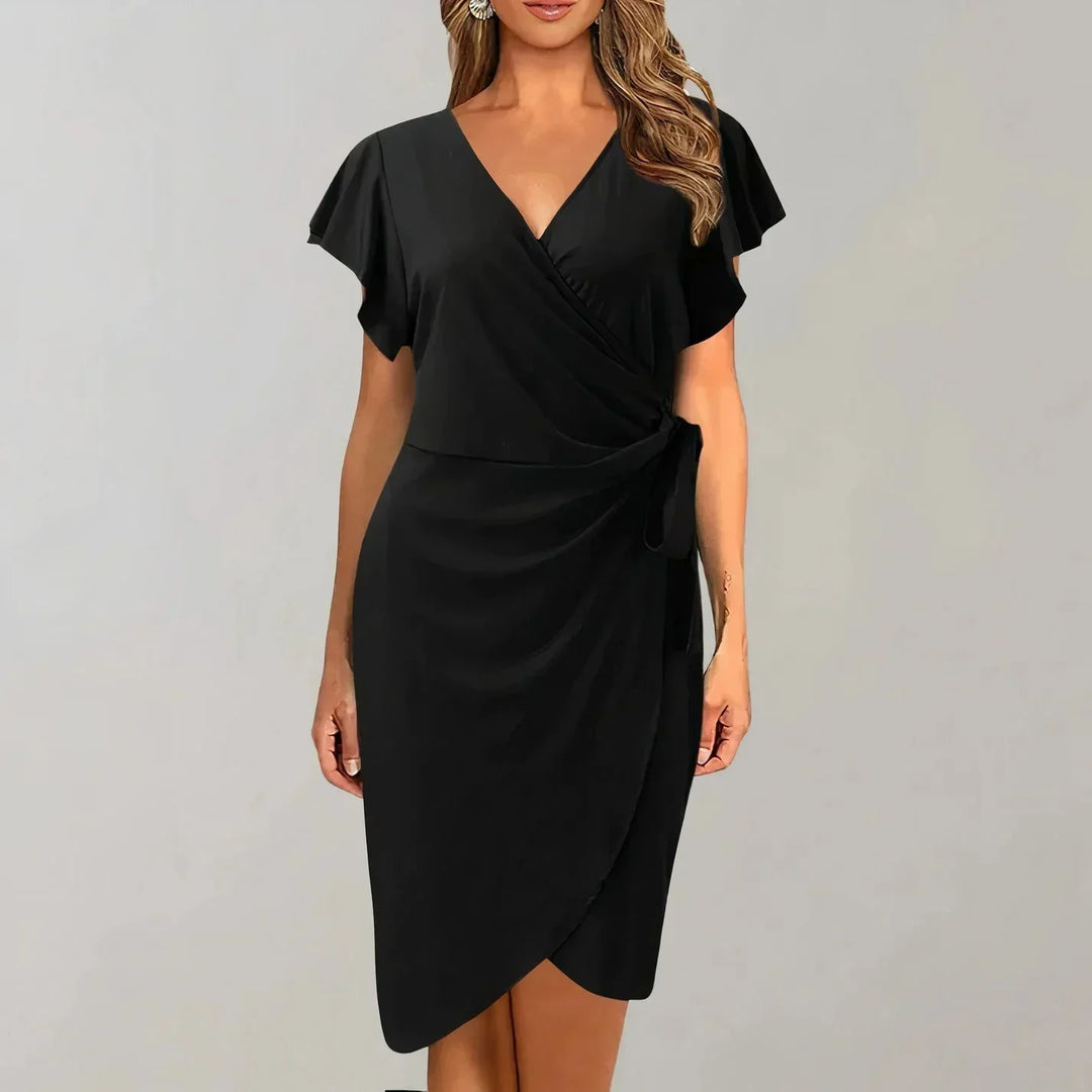 Vestito corto portafoglio maniche corte scollo a V con fiocco