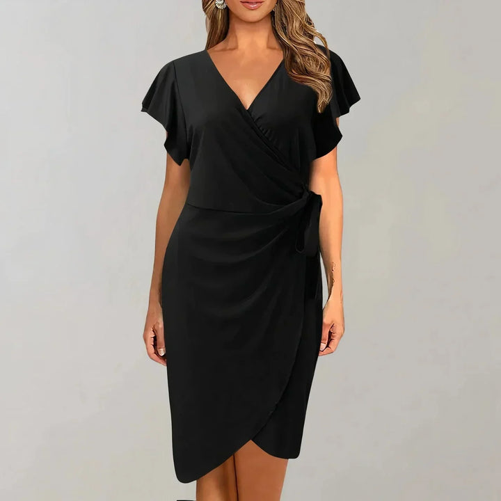Vestito corto portafoglio maniche corte scollo a V con fiocco