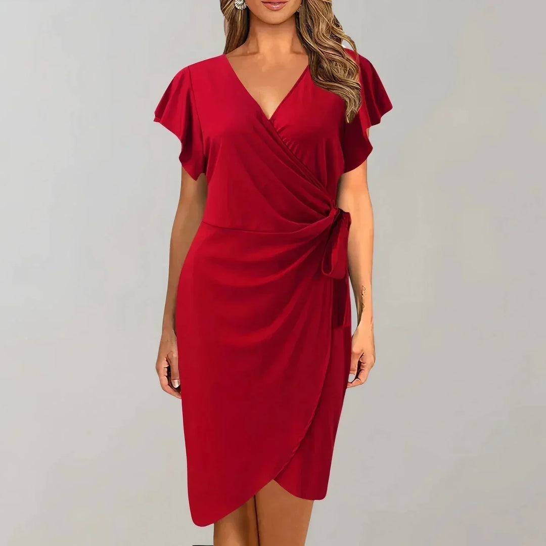 Vestito corto portafoglio maniche corte scollo a V con fiocco